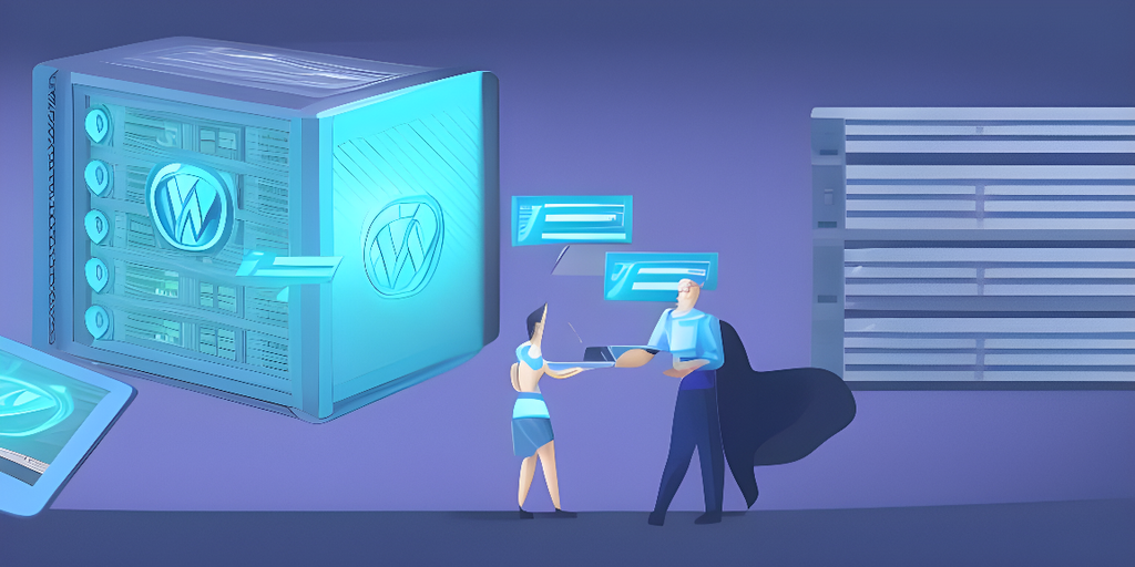 Twee mensen wisselen data uit voor een grote server met het WordPress-logo, waarmee WordPress Hosting wordt benadrukt. Zwevende digitale schermen en een andere server verschijnen op de achtergrond, wat suggereert dat moderne websitehosting of beheer in een technologiegerichte omgeving wordt geïnspireerd.
